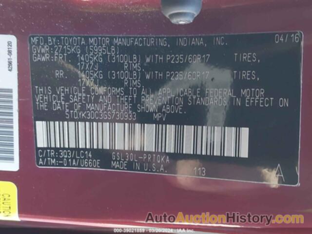 TOYOTA SIENNA XLE 8 PASSENGER, 5TDYK3DC3GS730933