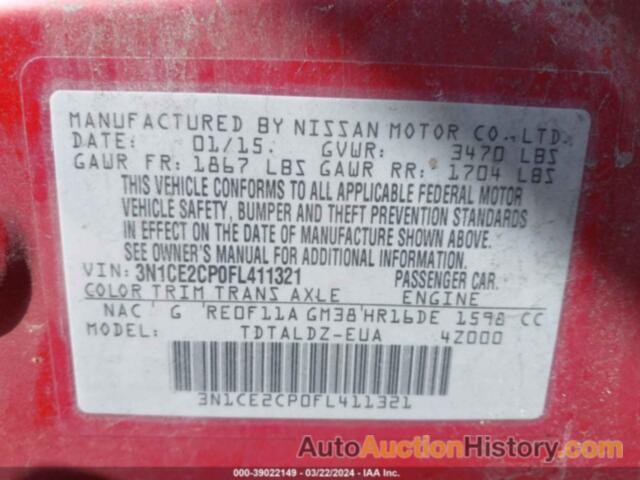 NISSAN VERSA NOTE S (SR)/S PLUS/SL/SR/SV, 3N1CE2CP0FL411321