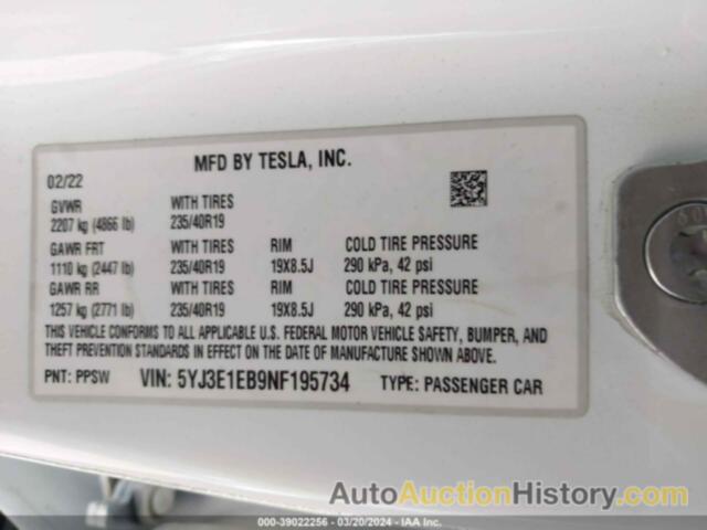 TESLA MODEL 3 LONG RANGE DUAL MOTOR ALL-WHEEL DRIVE, 5YJ3E1EB9NF195734