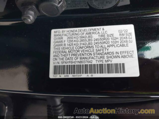 HONDA PILOT ELITE, 5FNYF6H01NB037642