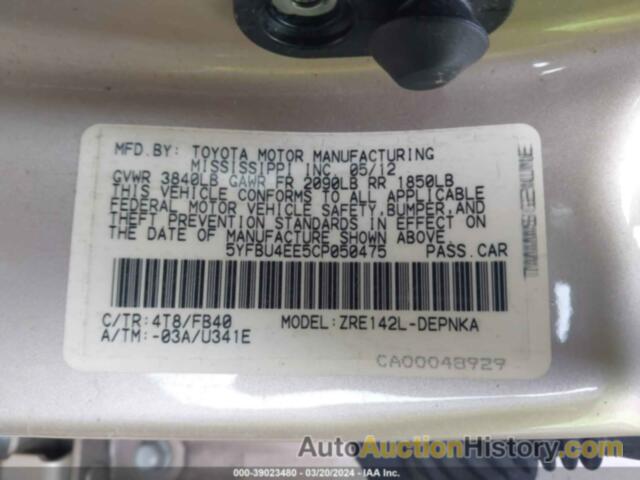 TOYOTA COROLLA LE, 5YFBU4EE5CP050475