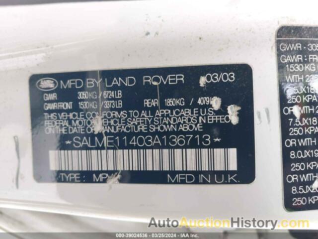 LAND ROVER RANGE ROVER HSE, SALME11403A136713