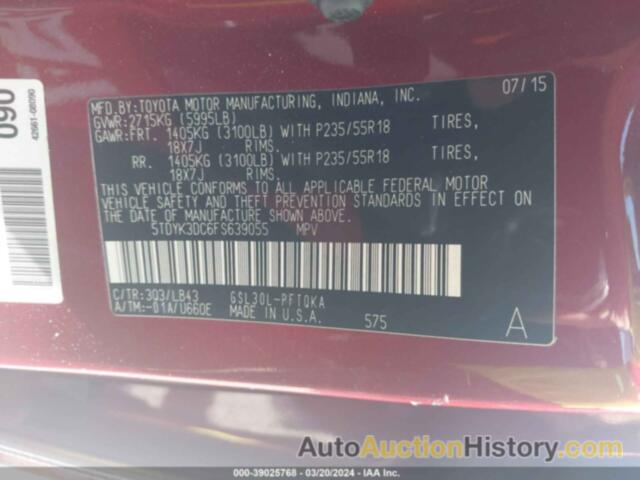 TOYOTA SIENNA LIMITED 7 PASSENGER, 5TDYK3DC6FS639055