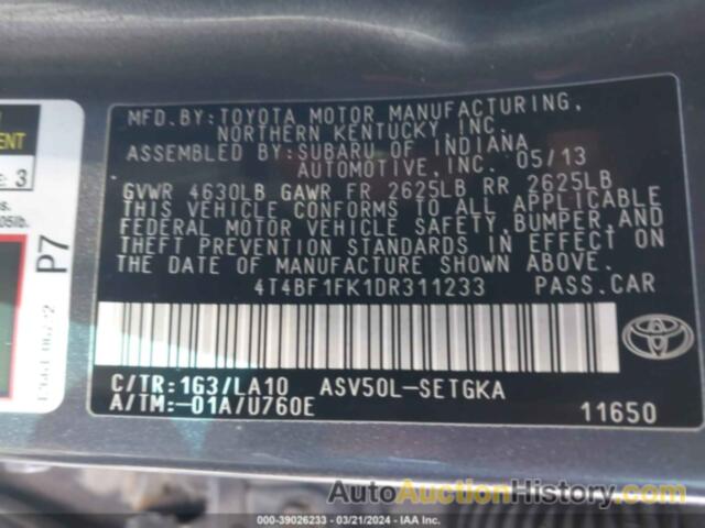 TOYOTA CAMRY XLE, 4T4BF1FK1DR311233
