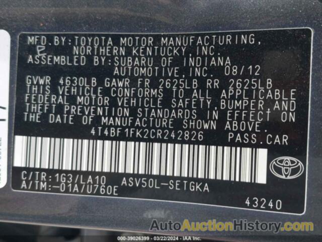 TOYOTA CAMRY XLE, 4T4BF1FK2CR242826