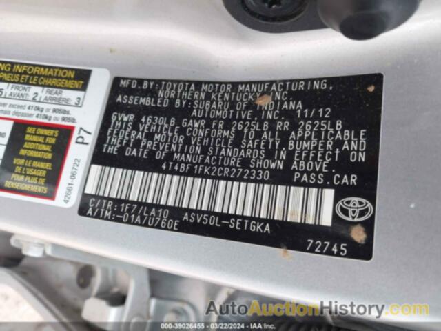 TOYOTA CAMRY XLE, 4T4BF1FK2CR272330