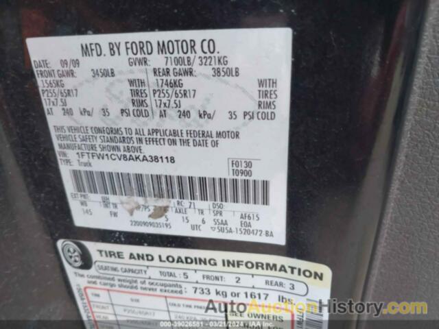 FORD F-150 FX2 SPORT/HARLEY-DAVIDSON/KING RANCH/LARIAT/PLATINUM/XL/XLT, 1FTFW1CV8AKA38118