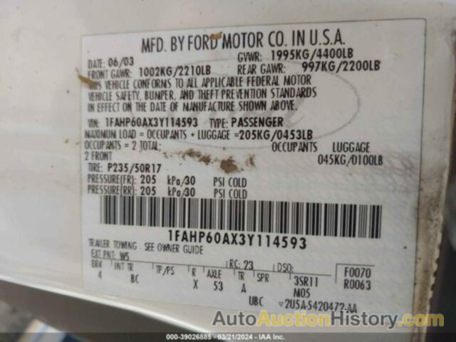 FORD THUNDERBIRD, 1FAHP60AX3Y114593