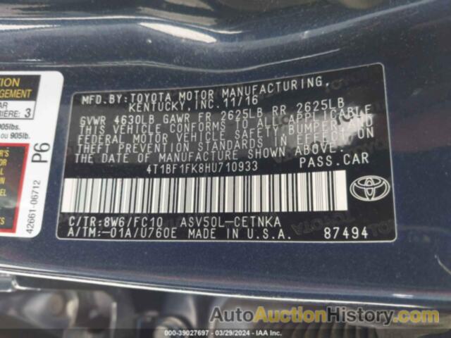 TOYOTA CAMRY LE/XLE/SE/XSE, 4T1BF1FK8HU710933