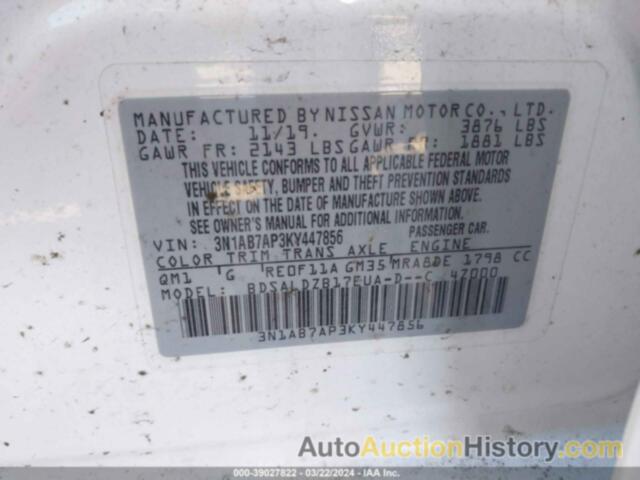 NISSAN SENTRA SV, 3N1AB7AP3KY447856