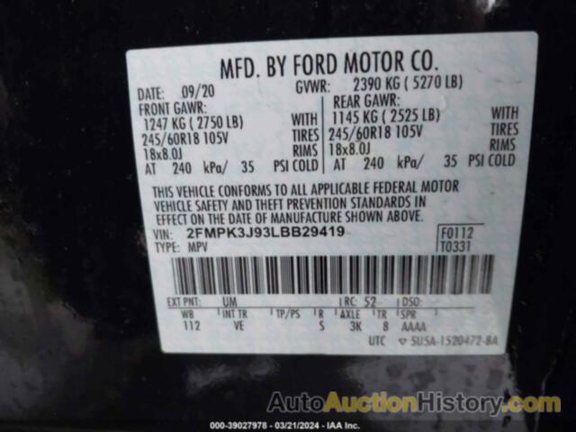 FORD EDGE SEL, 2FMPK3J93LBB29419