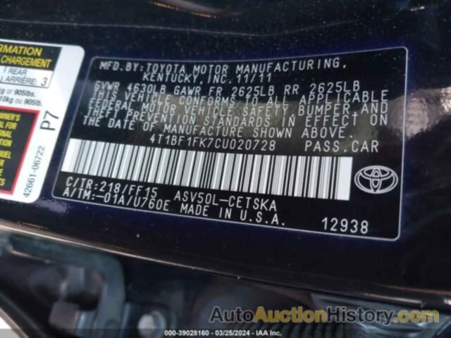 TOYOTA CAMRY SE/LE/XLE, 4T1BF1FK7CU020728