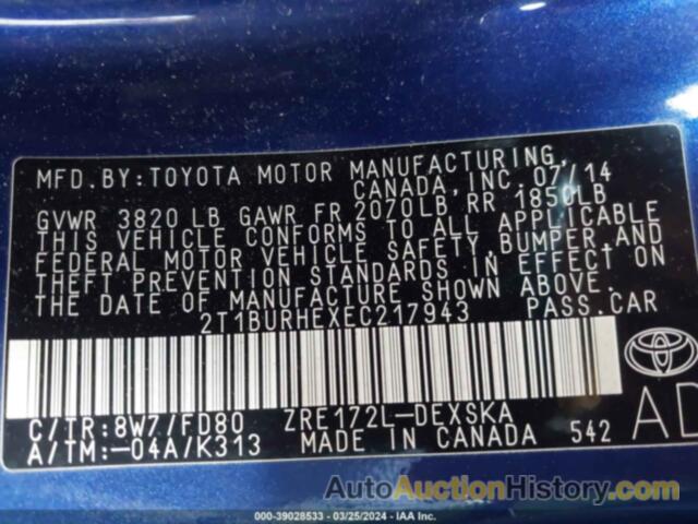 TOYOTA COROLLA S PLUS, 2T1BURHEXEC217943