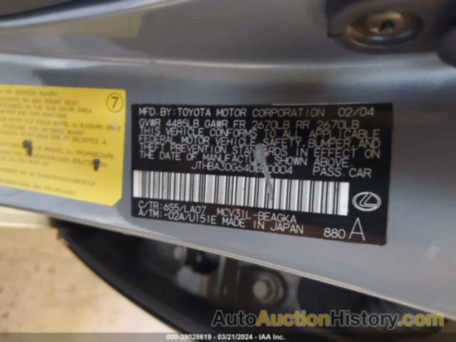 LEXUS ES 330, JTHBA30G640020004