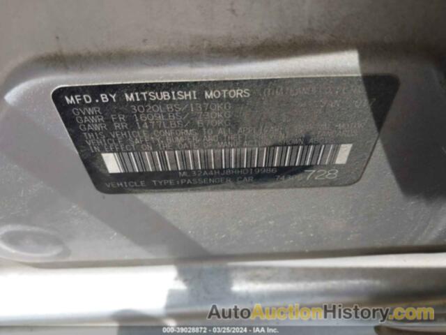 MITSUBISHI MIRAGE SE, ML32A4HJ8HH019986