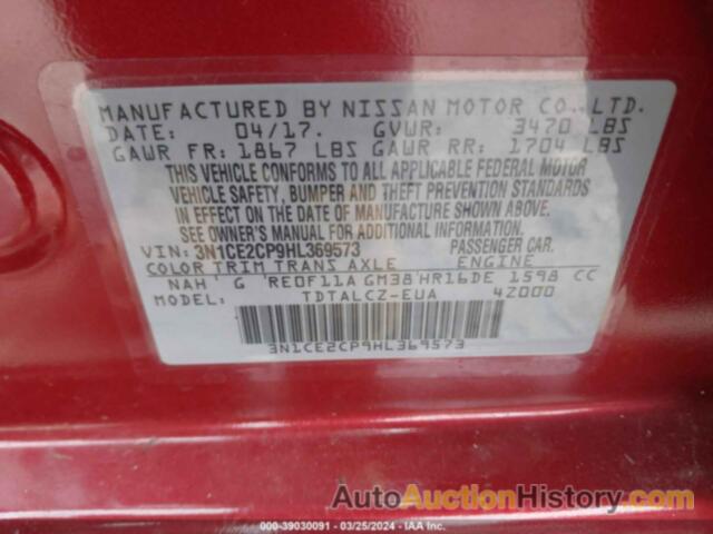 NISSAN VERSA NOTE S PLUS, 3N1CE2CP9HL369573