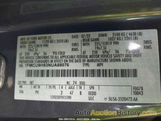 FORD ESCAPE SEL, 1FMCU9H93NUA88076