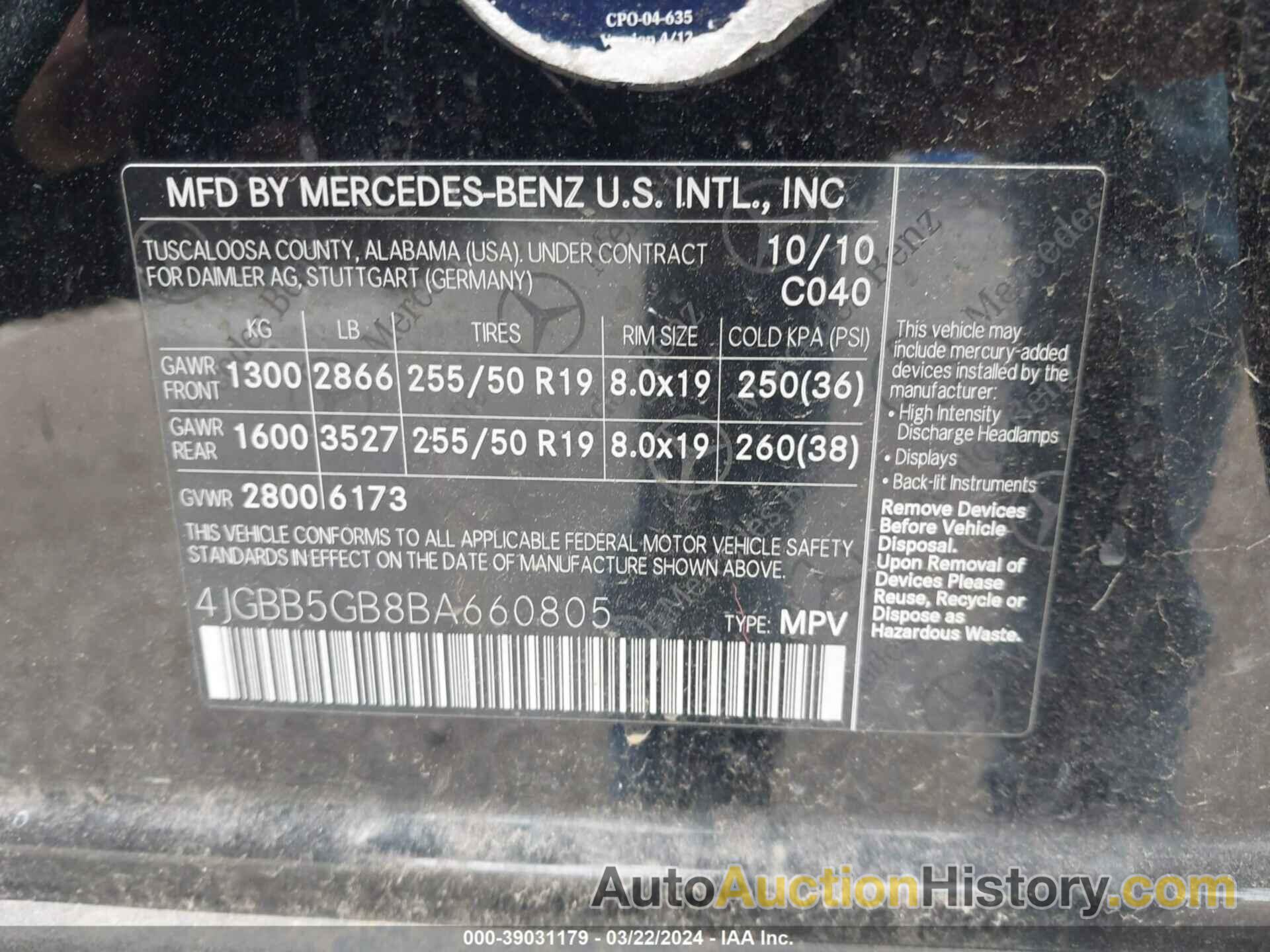 MERCEDES-BENZ ML 350, 4JGBB5GB8BA660805