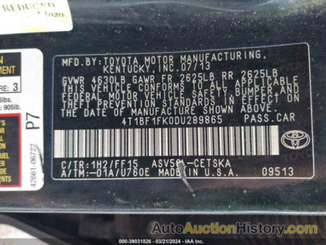 TOYOTA CAMRY SE, 4T1BF1FK0DU289865