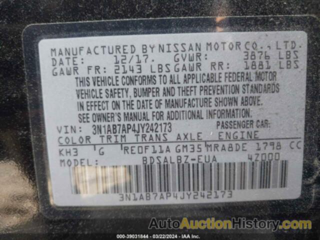 NISSAN SENTRA S, 3N1AB7AP4JY242173