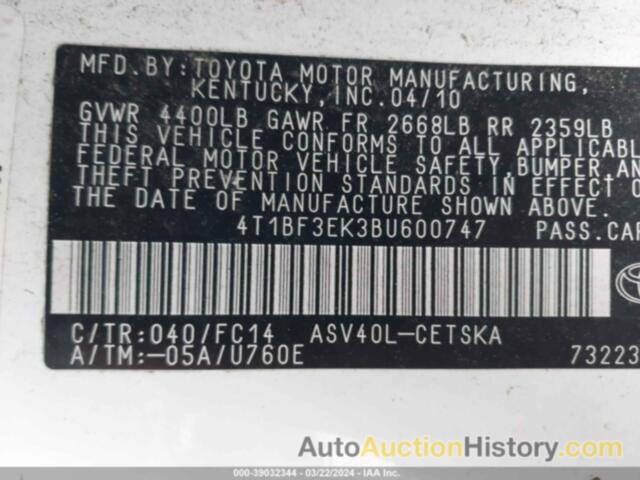 TOYOTA CAMRY SE/LE/XLE, 4T1BF3EK3BU600747