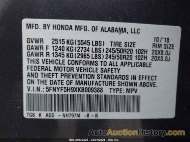 HONDA PILOT TOURING, 5FNYF5H9XKB009388