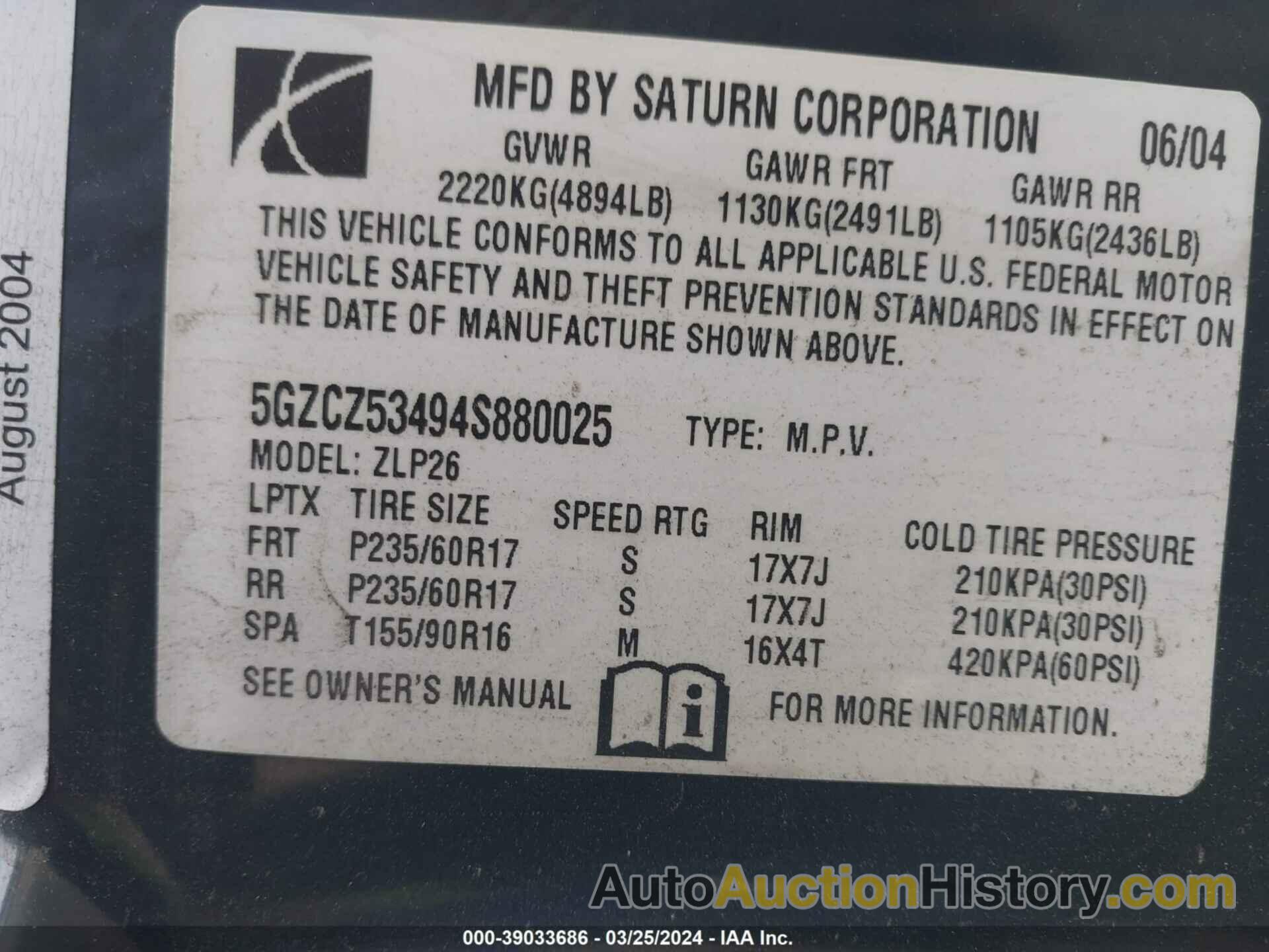 SATURN VUE V6, 5GZCZ53494S880025