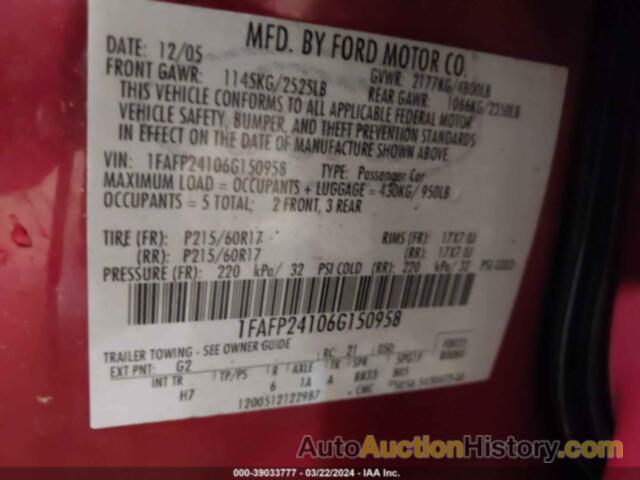 FORD FIVE HUNDRED SEL, 1FAFP24106G150958