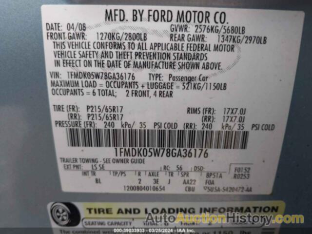 FORD TAURUS X SEL, 1FMDK05W78GA36176