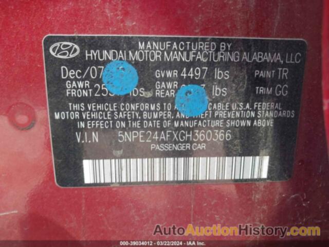 HYUNDAI SONATA SE, 5NPE24AFXGH360366