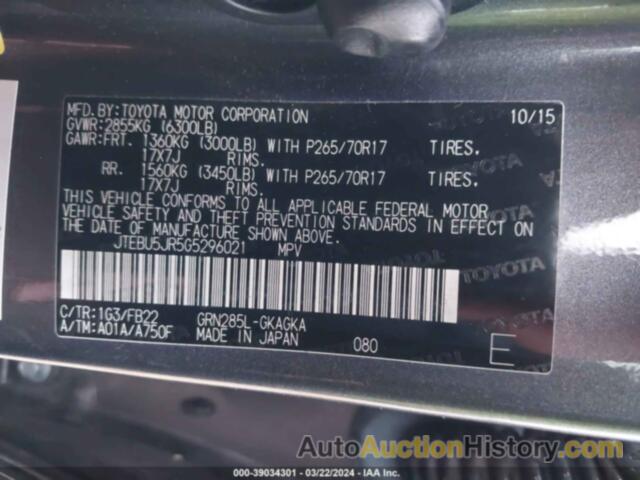 TOYOTA 4RUNNER SR5 PREM/LTDL/TRAIL/TRD, JTEBU5JR5G5296021