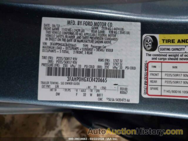 FORD FUSION SE, 3FAHP0HGXCR420665