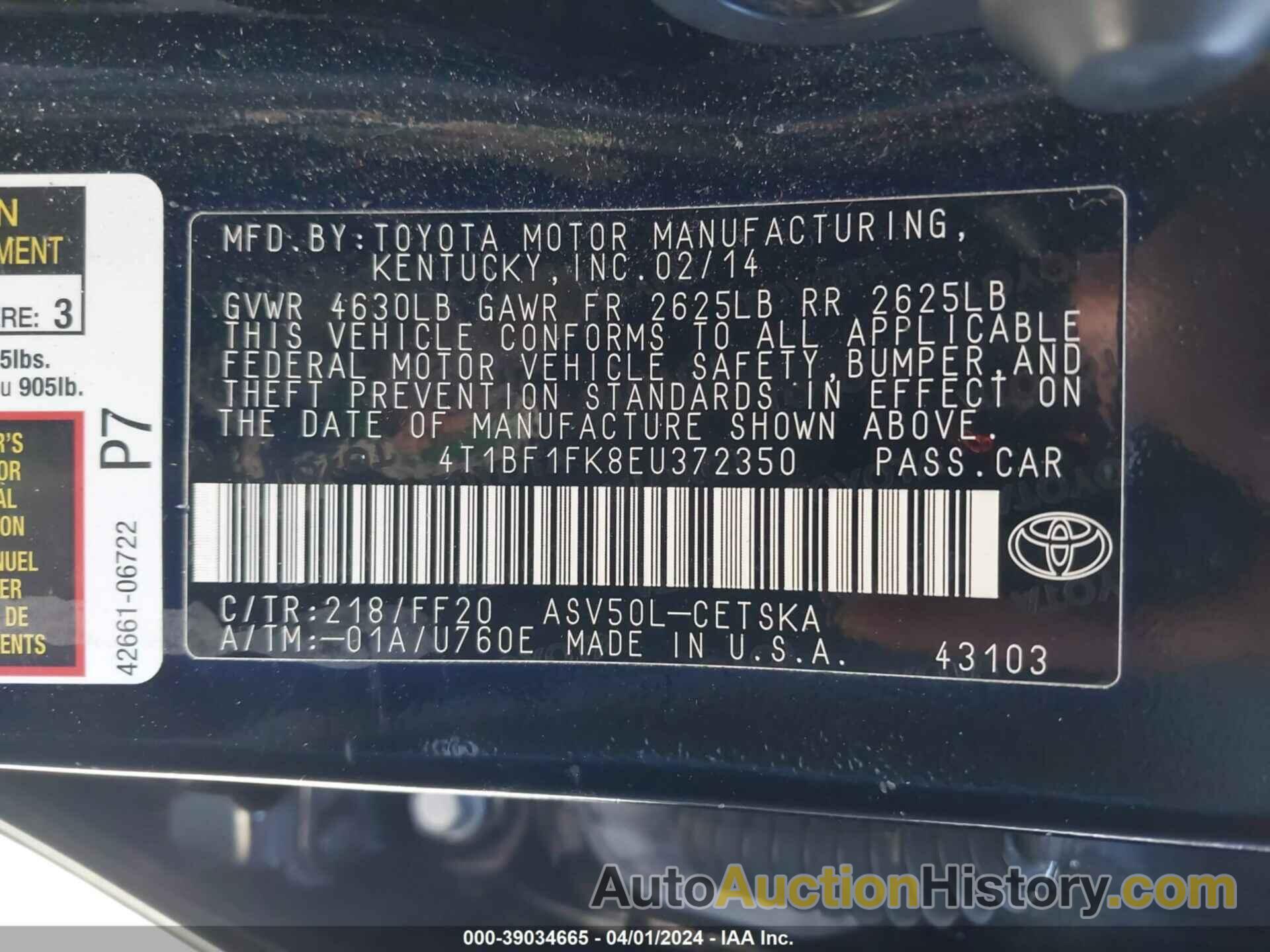 TOYOTA CAMRY SE, 4T1BF1FK8EU372350