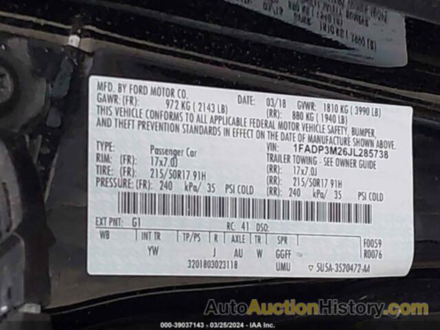 FORD FOCUS SEL, 1FADP3M26JL285738