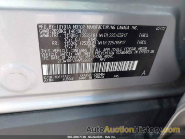 TOYOTA RAV4 XLE/XLE PREMIUM, 2T3W1RFV8NW192687