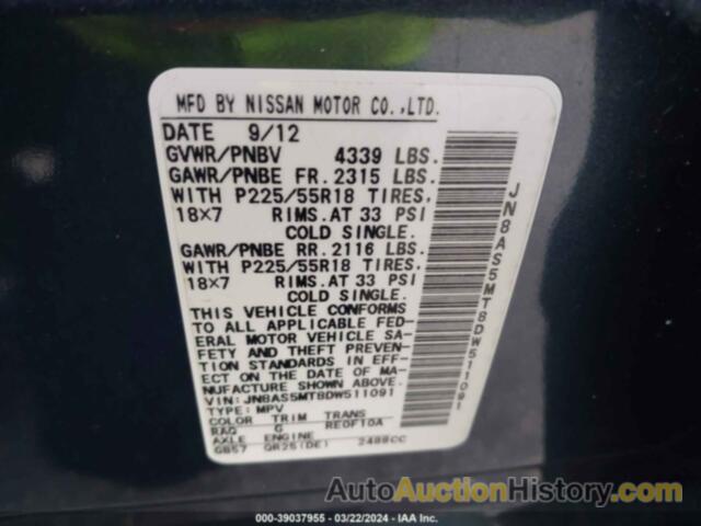 NISSAN ROGUE S/SV, JN8AS5MT8DW511091