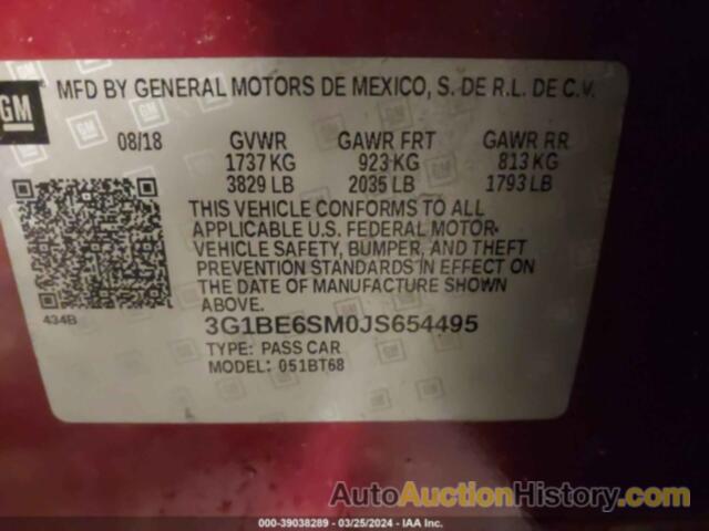 CHEVROLET CRUZE LT AUTO, 3G1BE6SM0JS654495