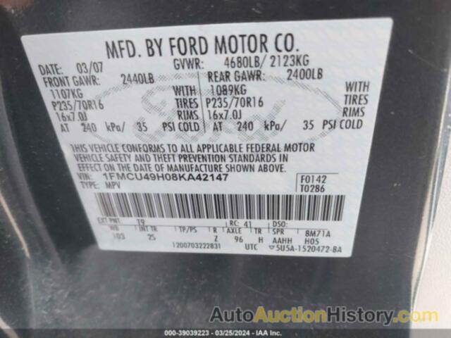 FORD ESCAPE HYBRID, 1FMCU49H08KA42147