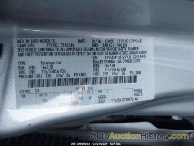 FORD FOCUS SE, 1FADP3F27GL322169