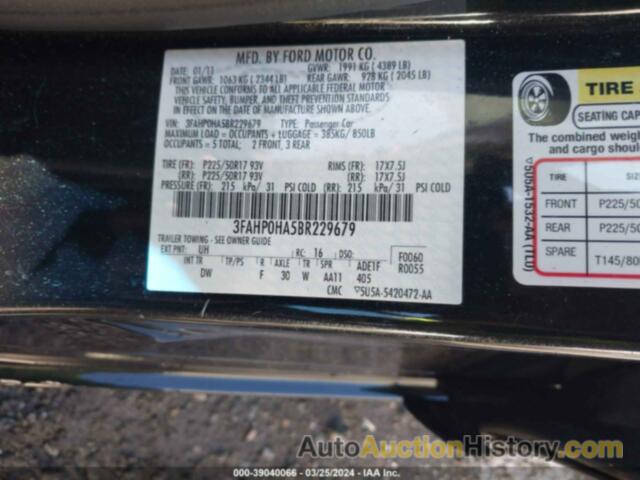 FORD FUSION SE, 3FAHP0HA5BR229679