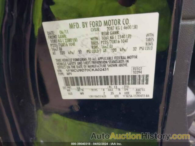 FORD ESCAPE XLT, 1FMCU9D70CKA02431