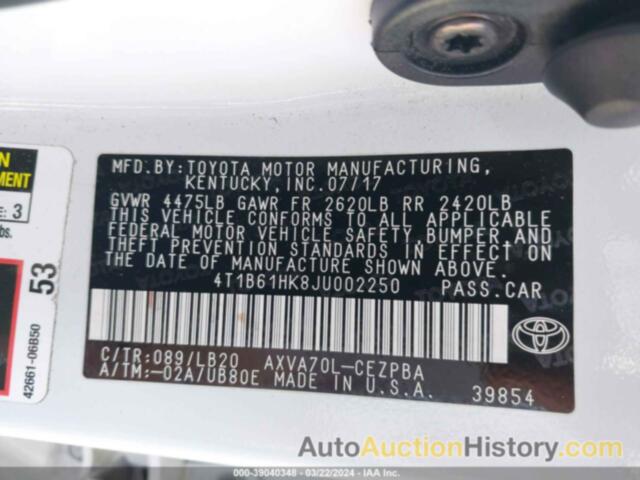 TOYOTA CAMRY XSE, 4T1B61HK8JU002250