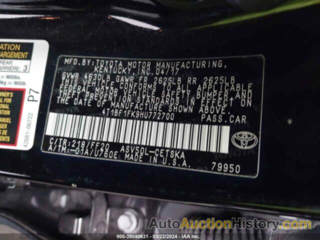 TOYOTA CAMRY LE/XLE/SE/XSE, 4T1BF1FK9HU772700