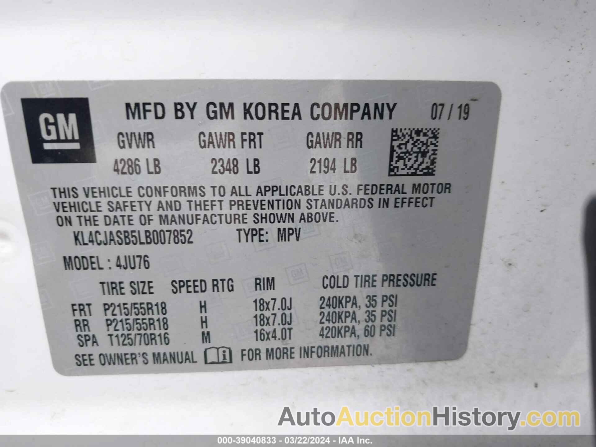 BUICK ENCORE FWD PREFERRED, KL4CJASB5LB007852