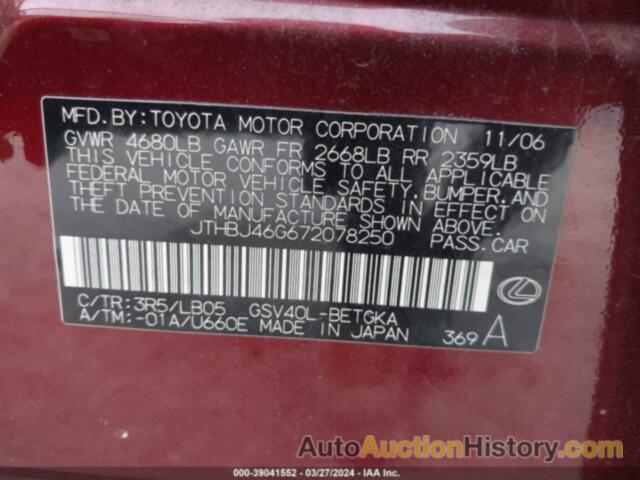 LEXUS ES 350, JTHBJ46G672078250