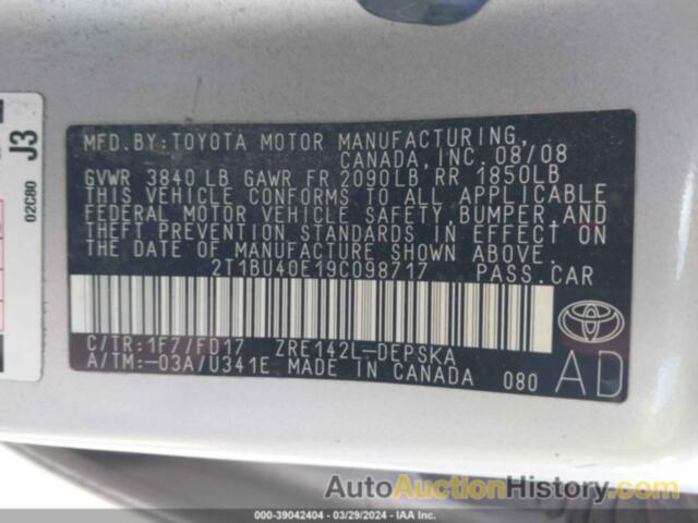 TOYOTA COROLLA S, 2T1BU40E19C098717