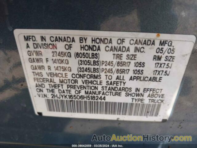 HONDA RIDGELINE RTL, 2HJYK16506H518244