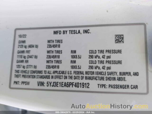 TESLA MODEL 3 REAR-WHEEL DRIVE, 5YJ3E1EA6PF401912
