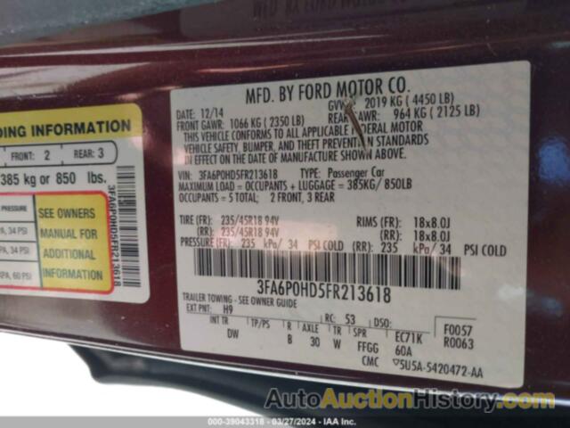 FORD FUSION SE, 3FA6P0HD5FR213618