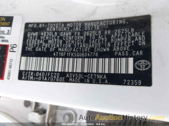TOYOTA CAMRY LE/XLE/SE/XSE, 4T1BF1FK5GU604776